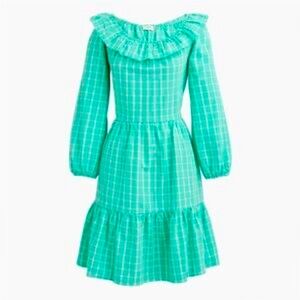 J. Crew ruffle neck seersucker green blue peasant cottagecore dress size 0